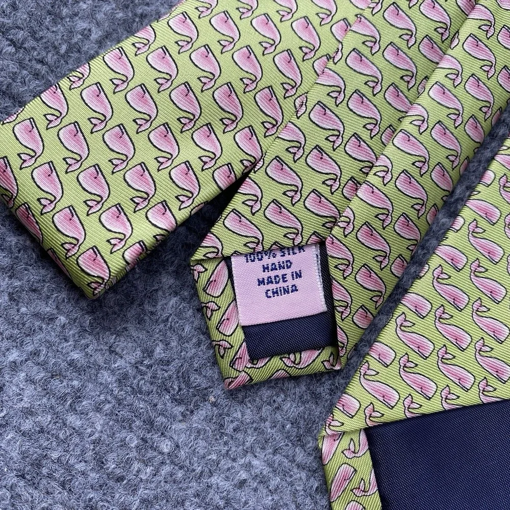 Sero New England Silkneck Tie Whale Print Green Pink Nautical Coastal Preppy